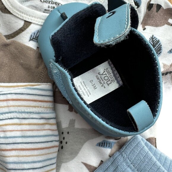 Baby Boy Bundle 5 Piece Matching Set & Shoes 0-3M Dino Blue Cute Soft - Picture 4 of 4